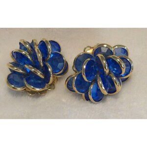 Vintage Pierced Earrings Gold-Tone Blue Glass/Crystal Bezel Set Floral Design